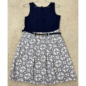 Tommy Hilfiger Nautical Tank‎ Dress Pleated Skirt Rope Belt Size L Navy White